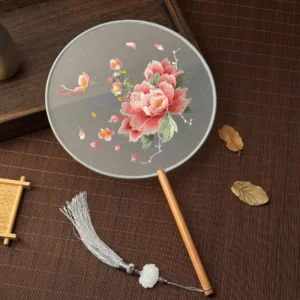 Chinese Silk Suzhou Embroidered Round Fan Wooden Handle